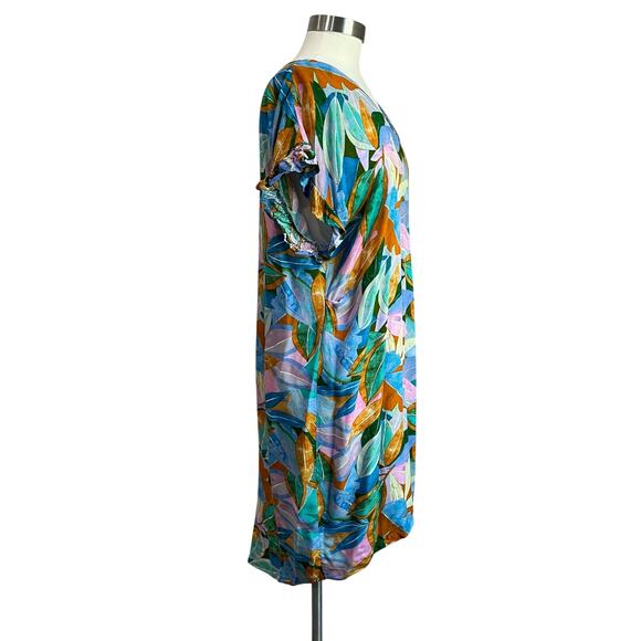 UMGEE Multicolored Leaf Print 100% Rayon V Neck Short Sleeve Dress Size M - Picture 2 of 8
